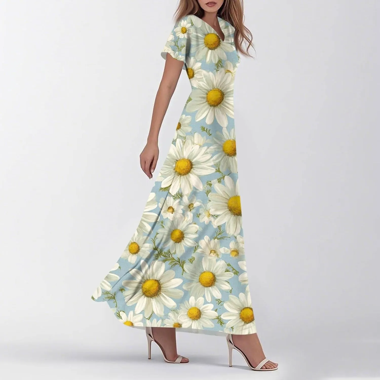 Aline Dresses for Women 2025 Spring Sundress V Neck Short Sleeve Floral Wrap Ruffle Boho Maxi Wedding Guest Dress, Xs-2Xl