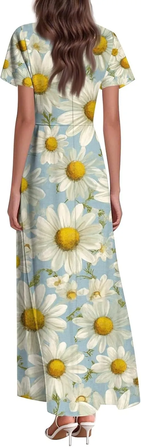 Aline Dresses for Women 2025 Spring Sundress V Neck Short Sleeve Floral Wrap Ruffle Boho Maxi Wedding Guest Dress, Xs-2Xl