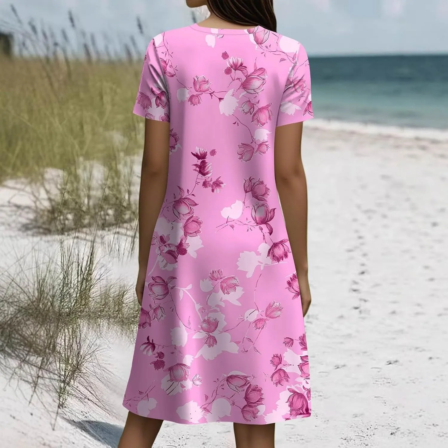 Beach Dresses for Women 2025 Vacation Casual Short Sleeve Round-Neck Floral Print Loose Resort Mini Sundress with, S-2Xl
