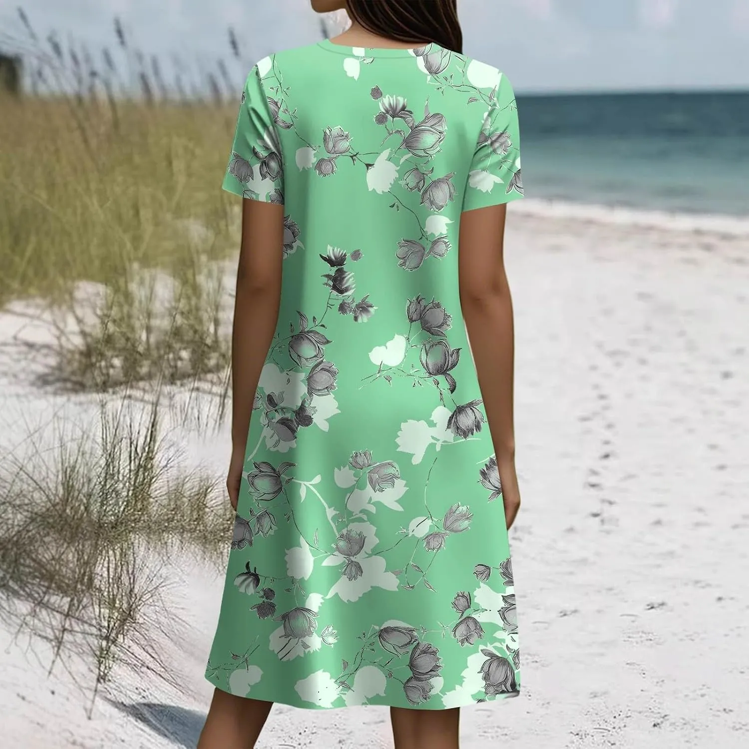 Beach Dresses for Women 2025 Vacation Casual Short Sleeve Round-Neck Floral Print Loose Resort Mini Sundress with, S-2Xl
