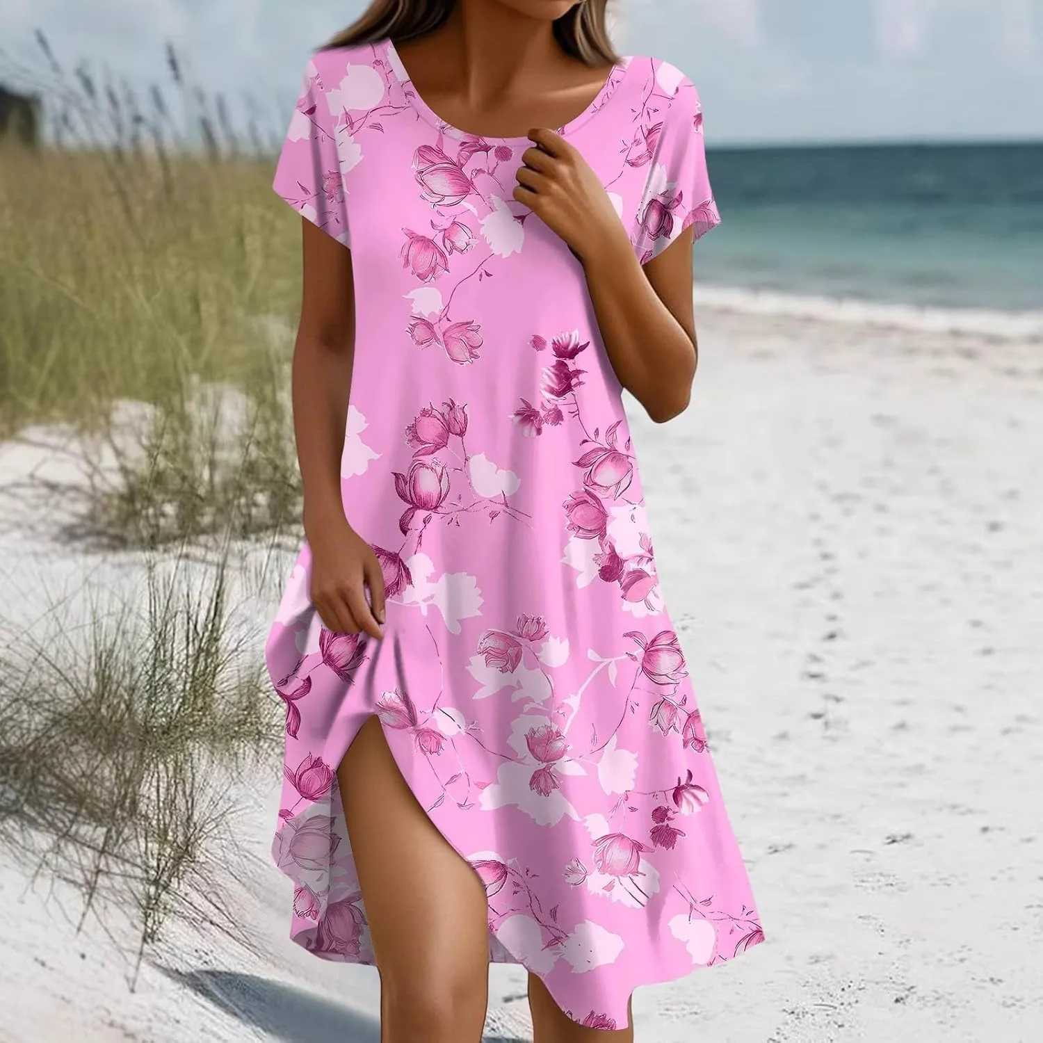 Beach Dresses for Women 2025 Vacation Casual Short Sleeve Round-Neck Floral Print Loose Resort Mini Sundress with, S-2Xl