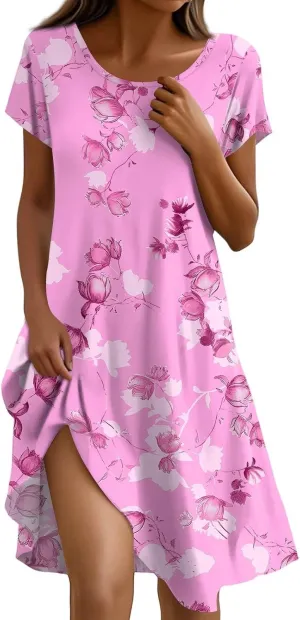 Beach Dresses for Women 2025 Vacation Casual Short Sleeve Round-Neck Floral Print Loose Resort Mini Sundress with, S-2Xl