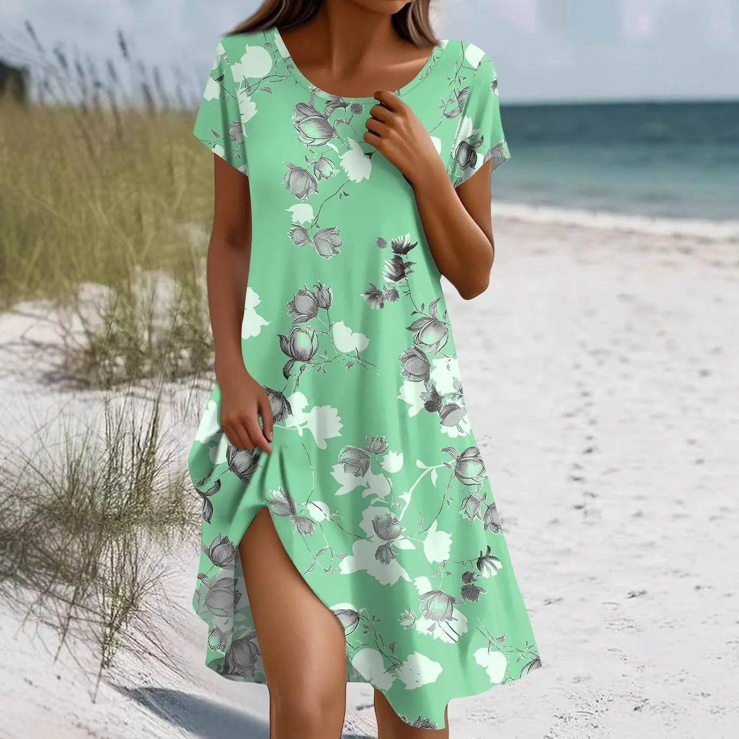 Beach Dresses for Women 2025 Vacation Casual Short Sleeve Round-Neck Floral Print Loose Resort Mini Sundress with, S-2Xl