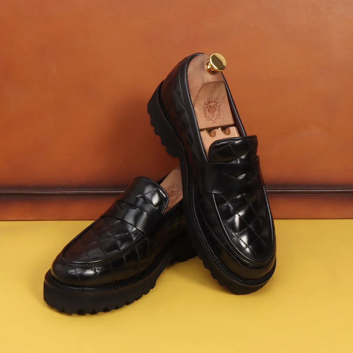 Black Diamond Stitched Leather Lug Sole Light Weight Loafer For Men by Brune & Bareskin