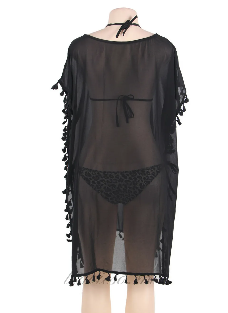 Black Pom Pom Tassel Hem Gauze Cover up