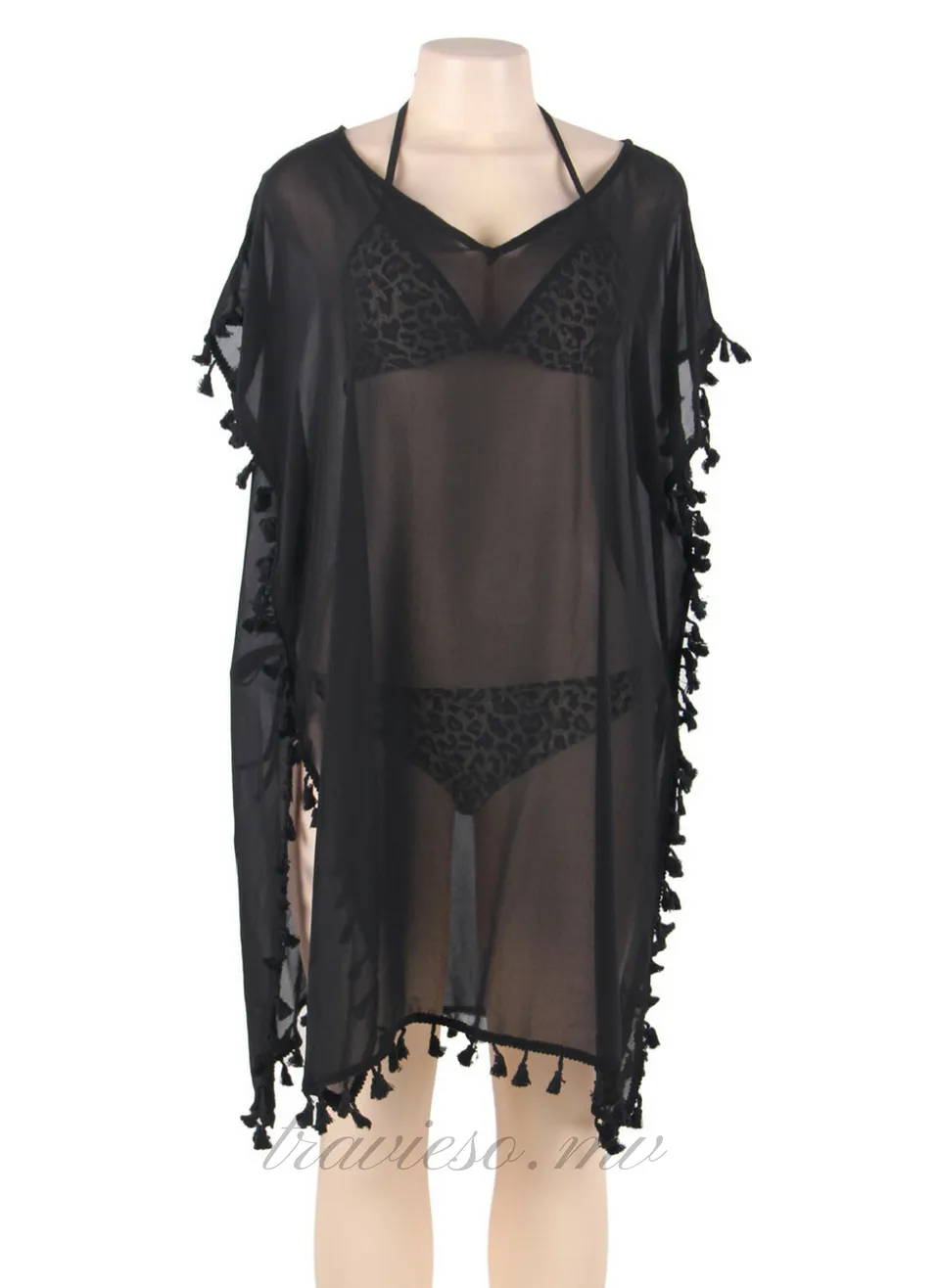 Black Pom Pom Tassel Hem Gauze Cover up