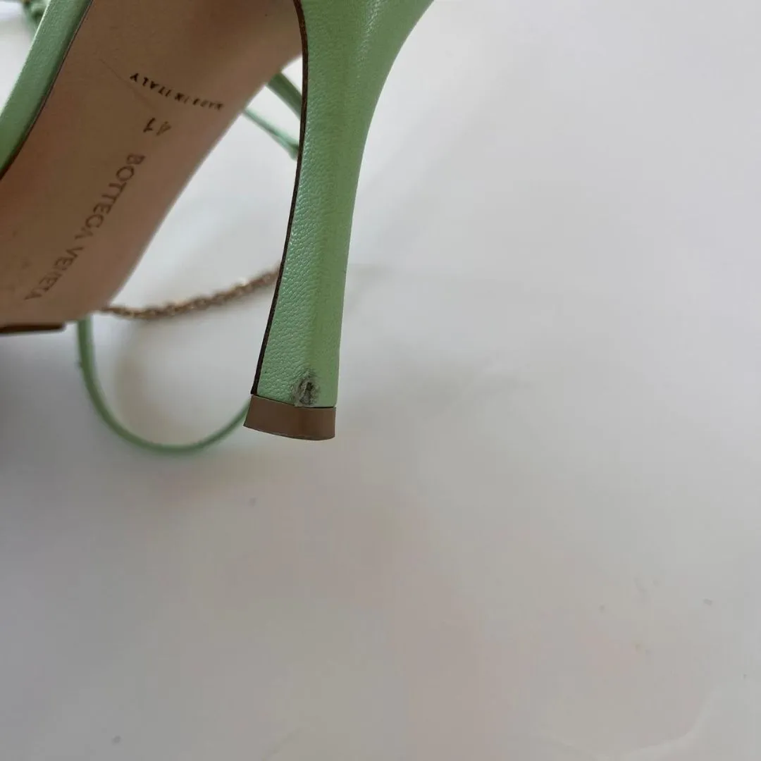 Bottega Veneta Green Leather Stretch Square Ankle Strap Sandals, 41