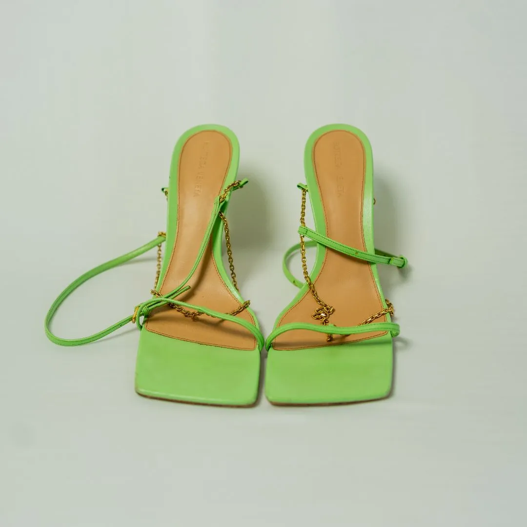 Bottega Veneta Green Leather Stretch Square Ankle Strap Sandals, 41