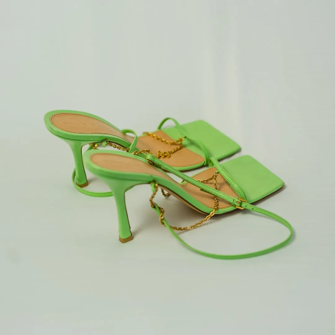 Bottega Veneta Green Leather Stretch Square Ankle Strap Sandals, 41