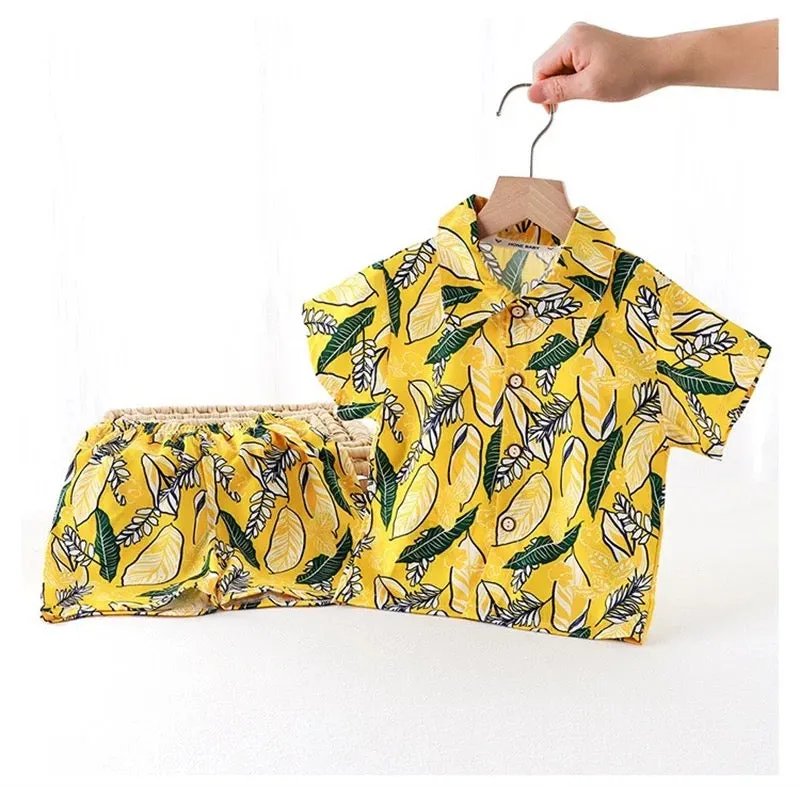 Boys Yellow Printed Shirt And Short Set