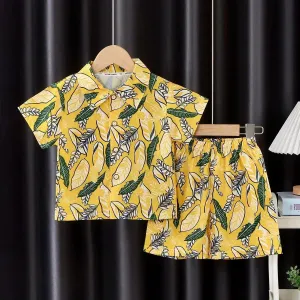 Boys Yellow Printed Shirt And Short Set