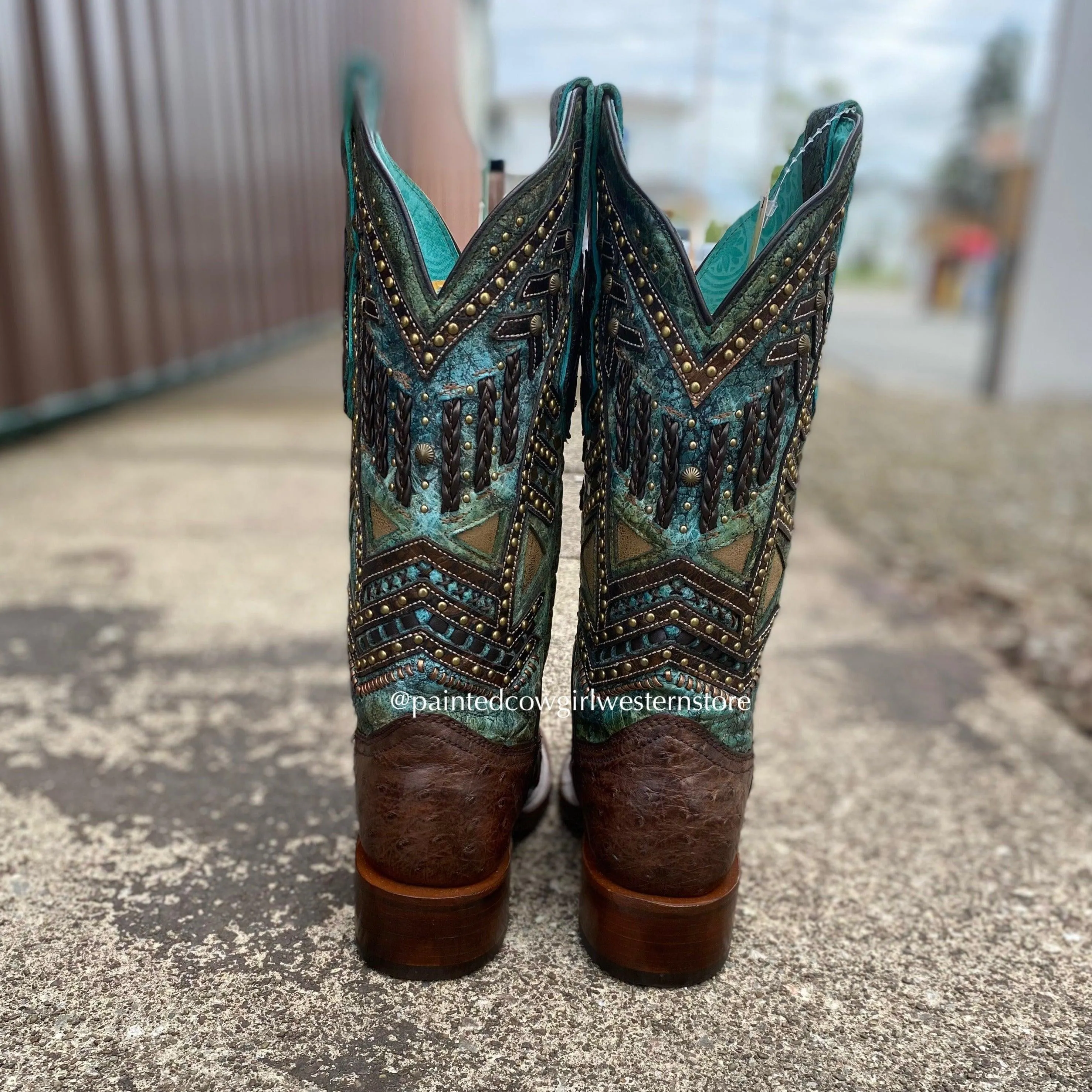 Corral Women's Turquoise Overlay Ostrich Square Toe Cowgirl Boots A4059
