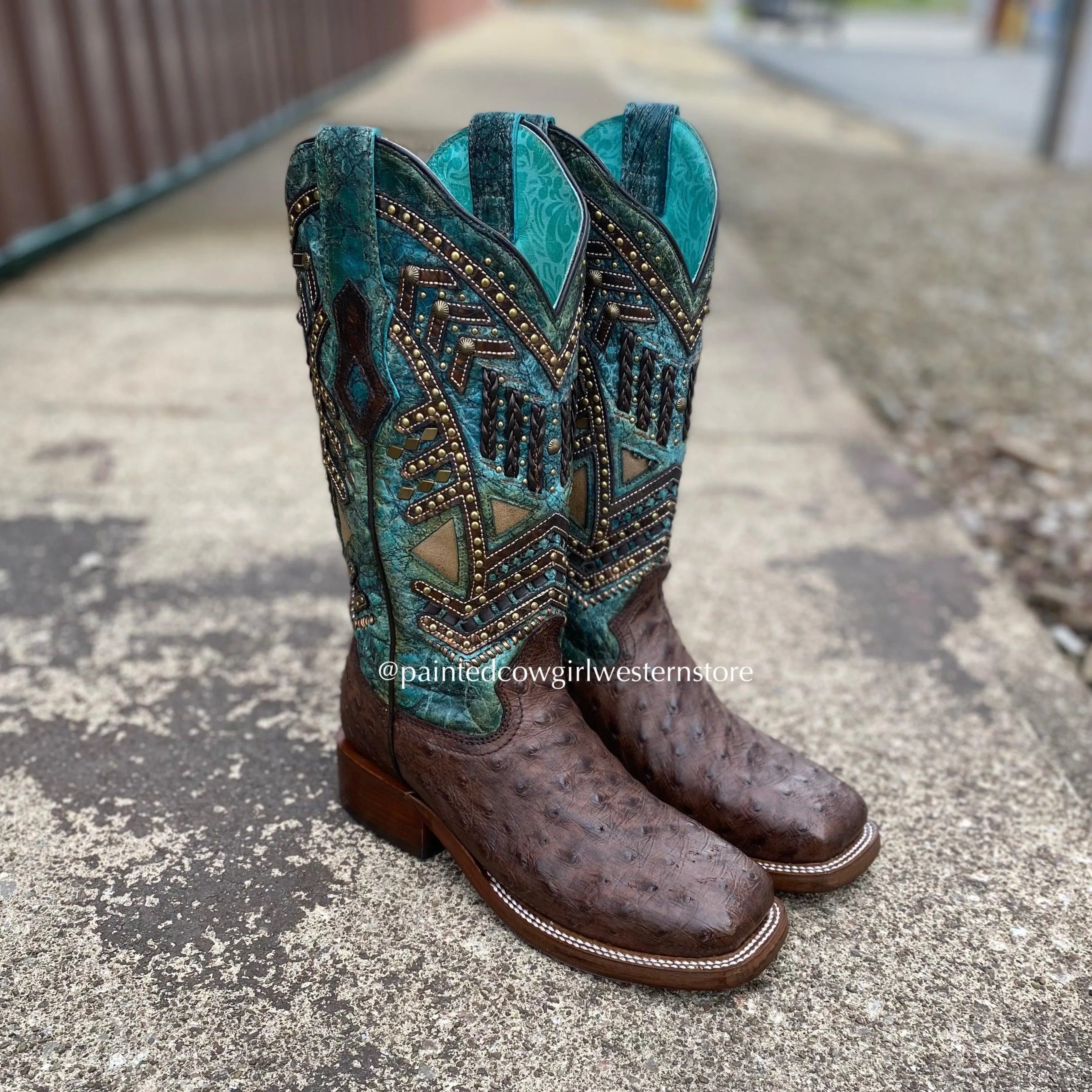 Corral Women's Turquoise Overlay Ostrich Square Toe Cowgirl Boots A4059