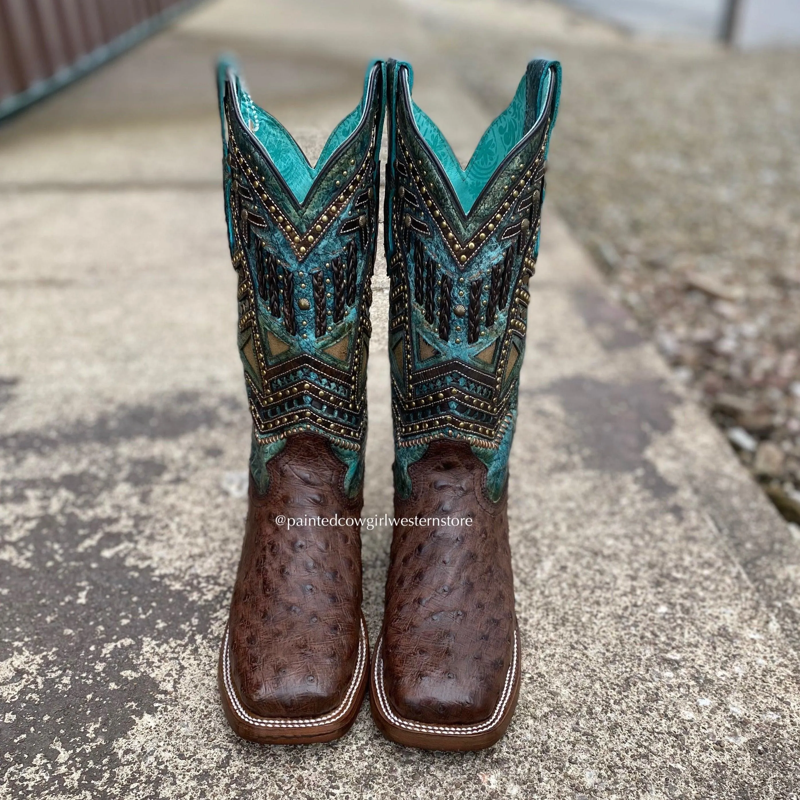 Corral Women's Turquoise Overlay Ostrich Square Toe Cowgirl Boots A4059