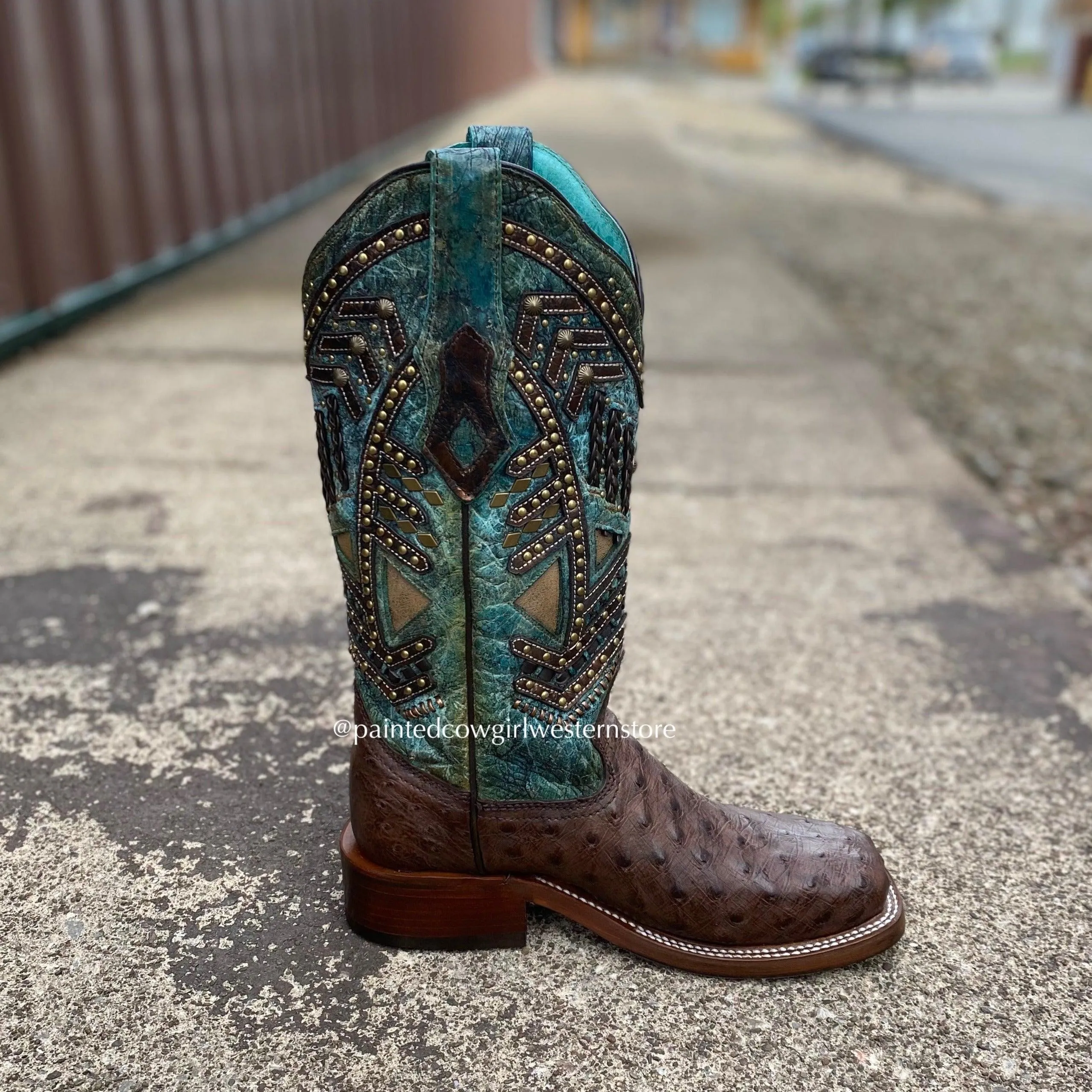 Corral Women's Turquoise Overlay Ostrich Square Toe Cowgirl Boots A4059