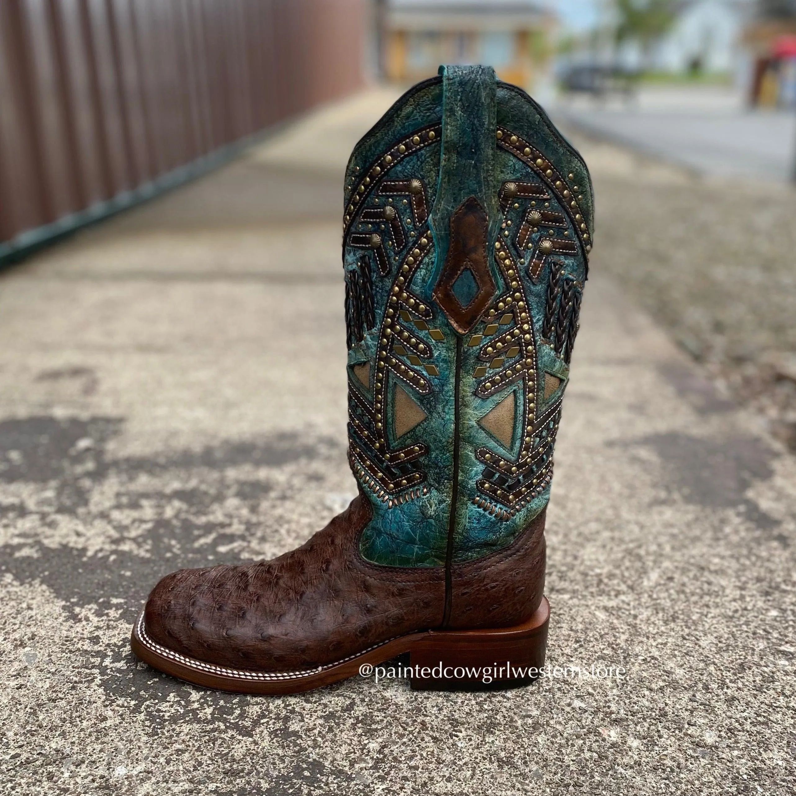 Corral Women's Turquoise Overlay Ostrich Square Toe Cowgirl Boots A4059