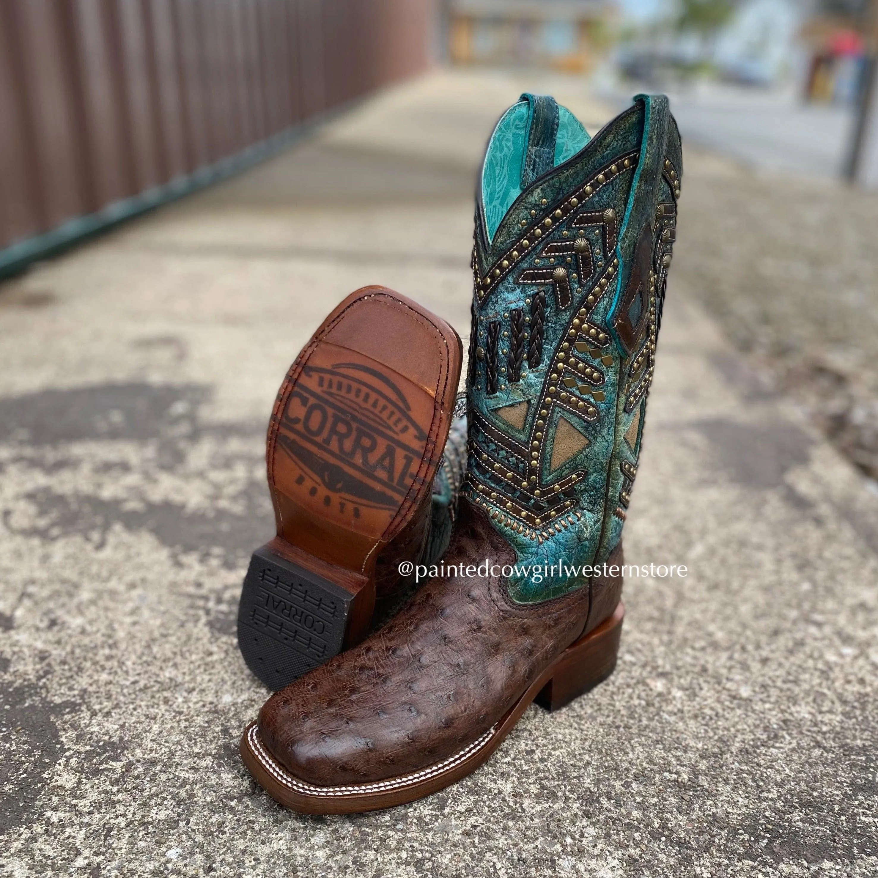 Corral Women's Turquoise Overlay Ostrich Square Toe Cowgirl Boots A4059