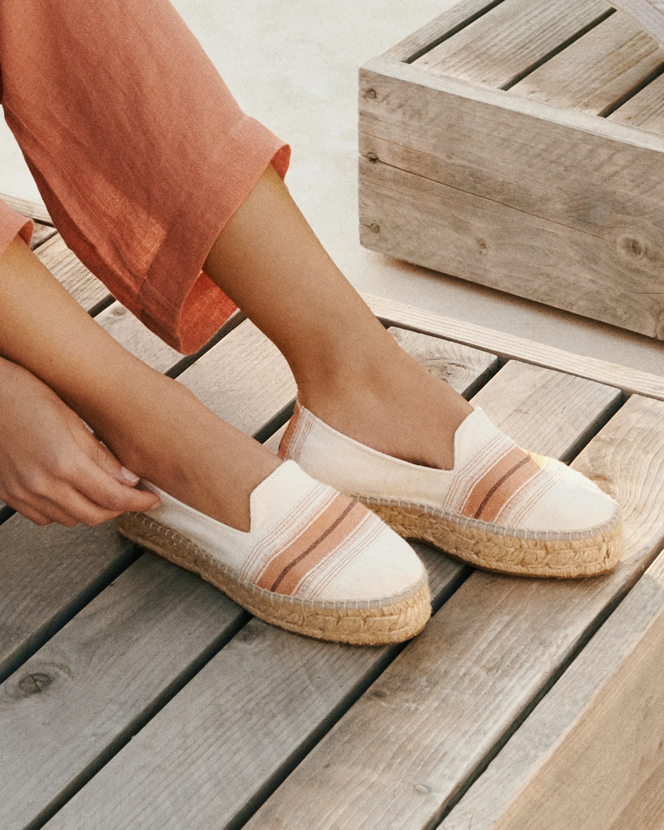 Cotton Linen And Silk Raw Fabric|Double Sole Espadrilles - Z61D0 - Yucatán Rust Macro Stripe