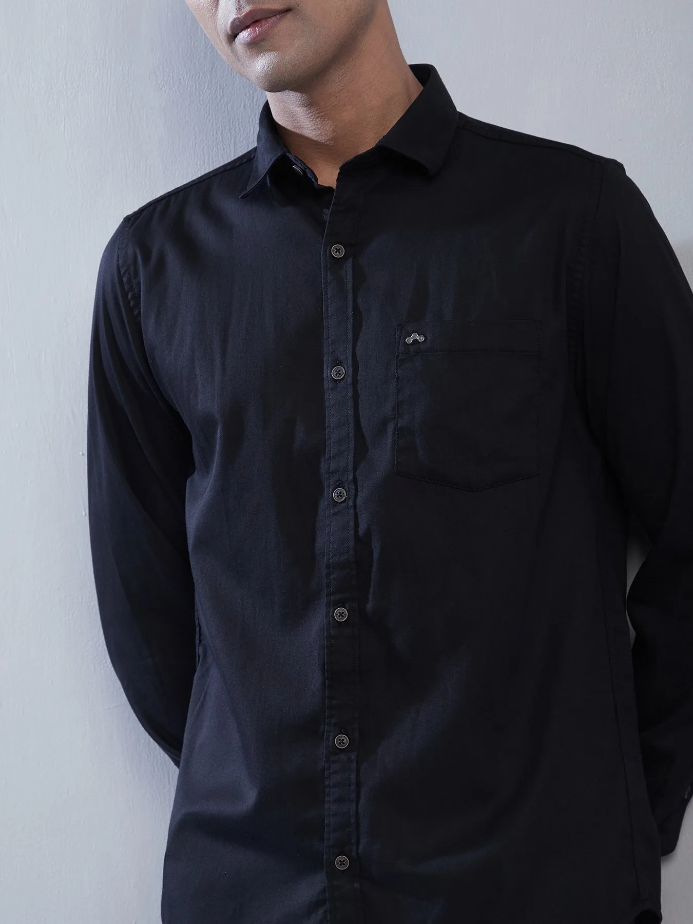 Cotton Stretch Navy Plain Slim Fit Full Sleeve Casual Shirt