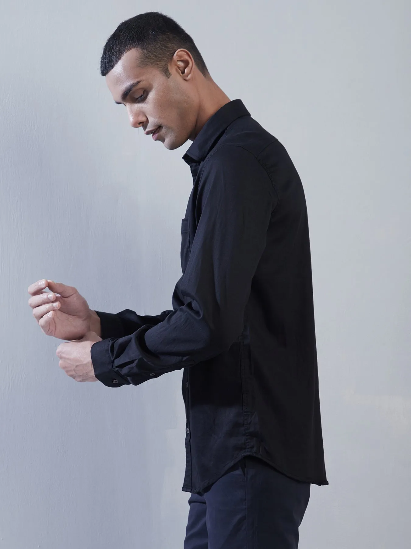Cotton Stretch Navy Plain Slim Fit Full Sleeve Casual Shirt