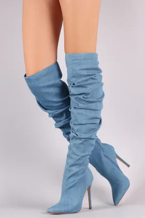 Denim Pointy Toe Slouchy Stiletto Over-The-Knee Boots
