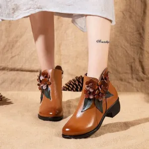 Floral Design Ethnic Leather Short Boots