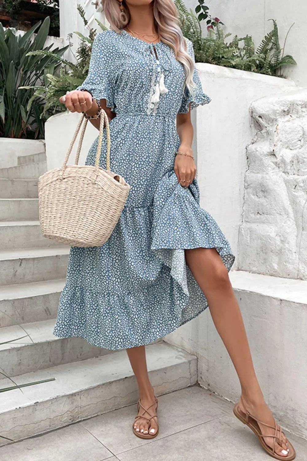 Free And Easy Tassel Tie Tiered Midi Dress