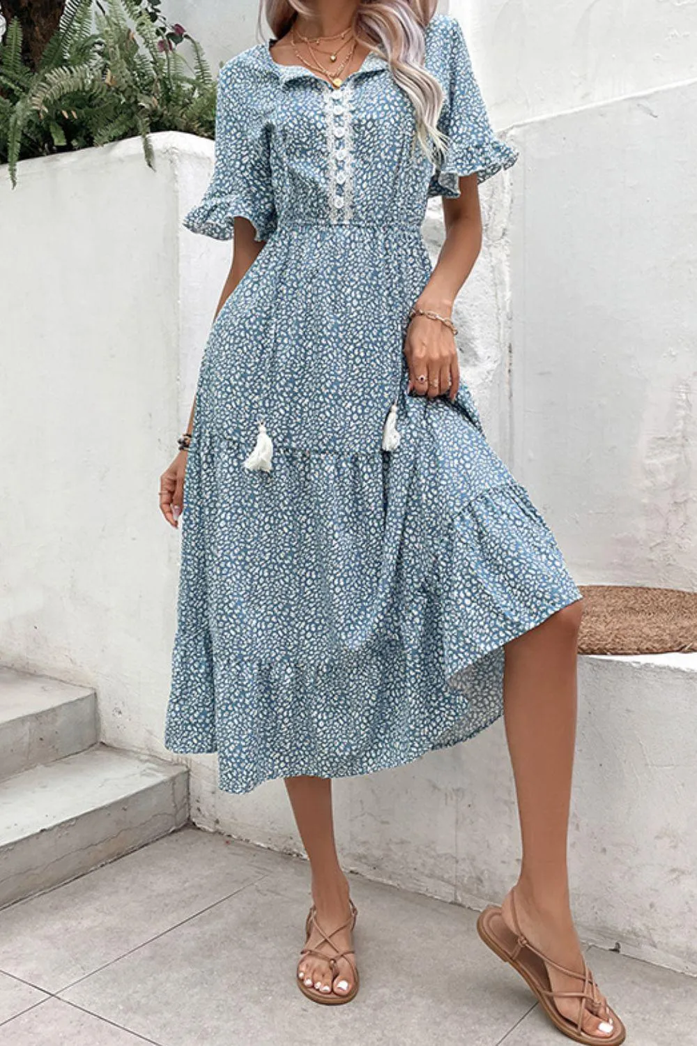 Free And Easy Tassel Tie Tiered Midi Dress