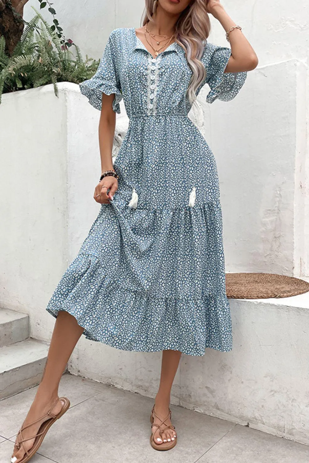 Free And Easy Tassel Tie Tiered Midi Dress