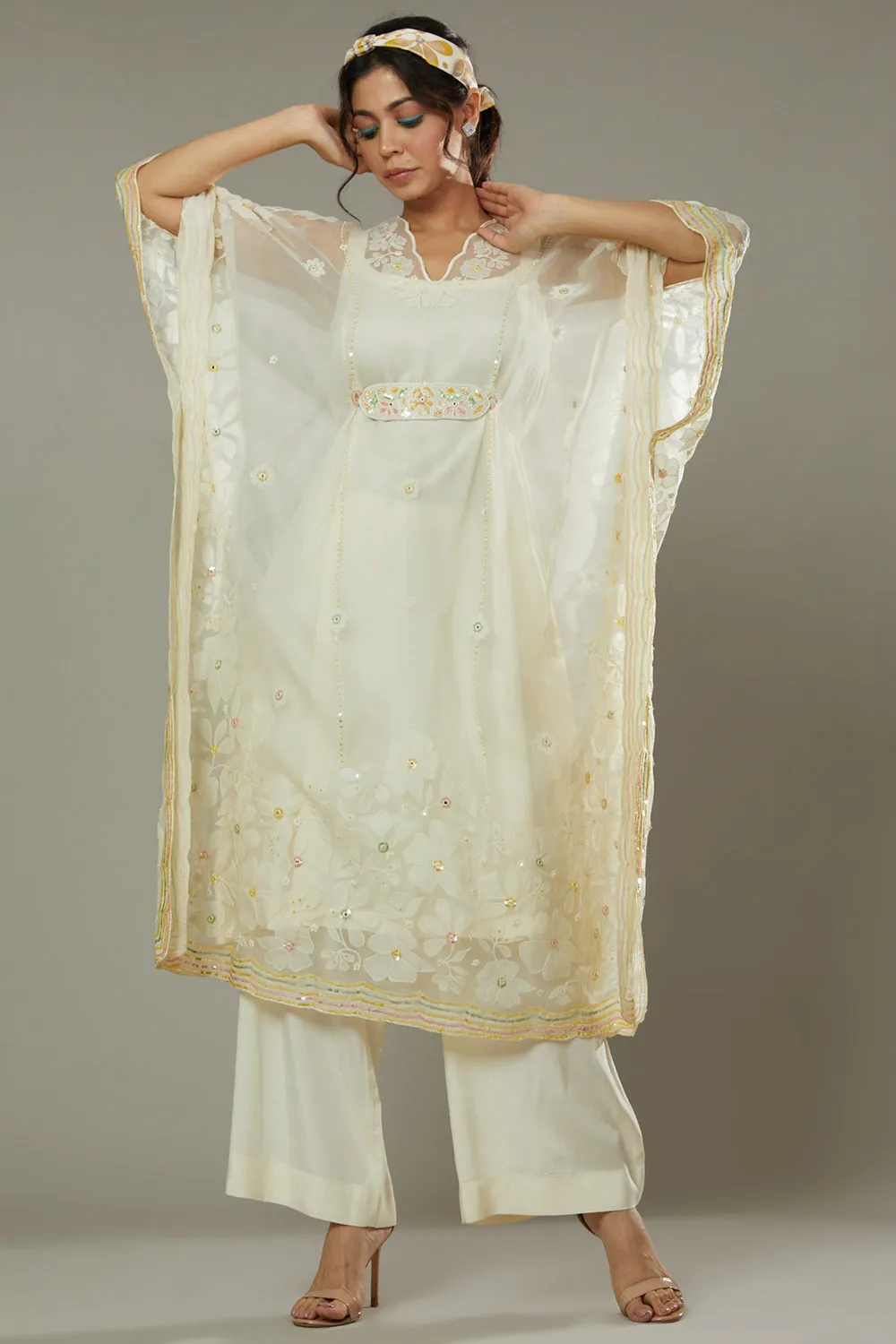 French Vanilla Candy Applique And Hand Ebroidered Kaftaan Set