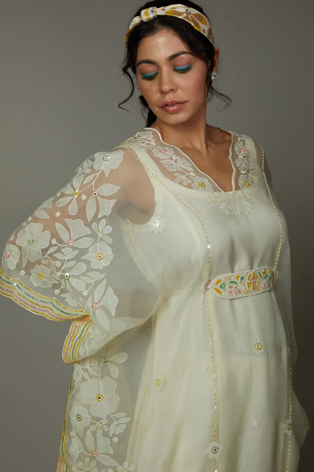 French Vanilla Candy Applique And Hand Ebroidered Kaftaan Set