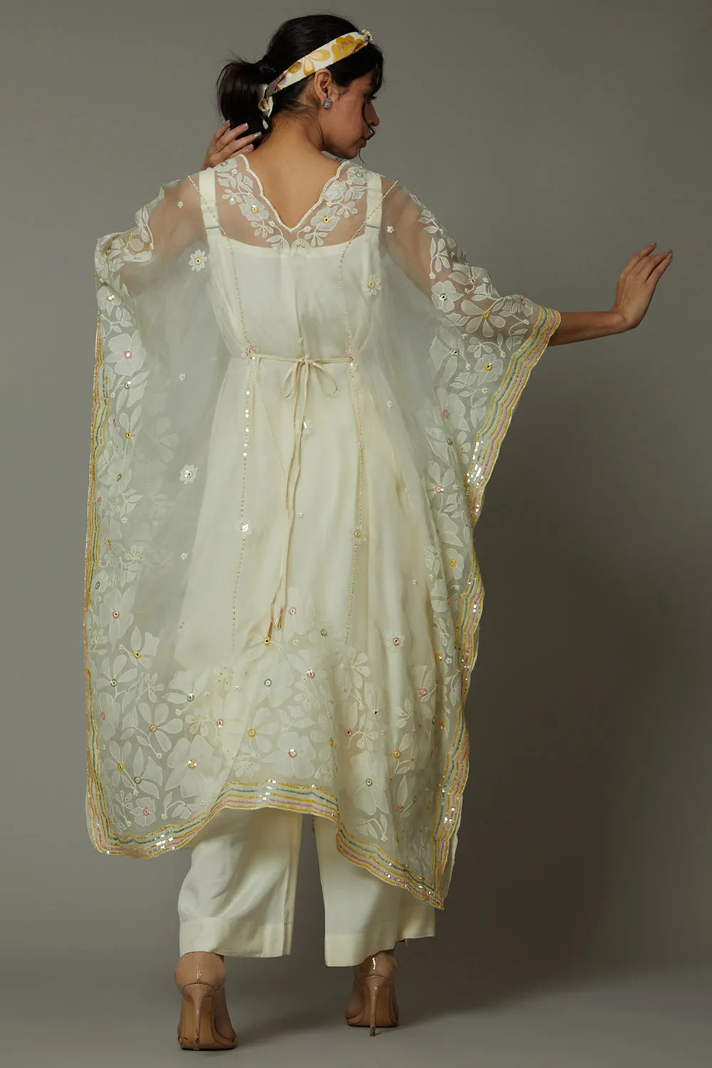 French Vanilla Candy Applique And Hand Ebroidered Kaftaan Set