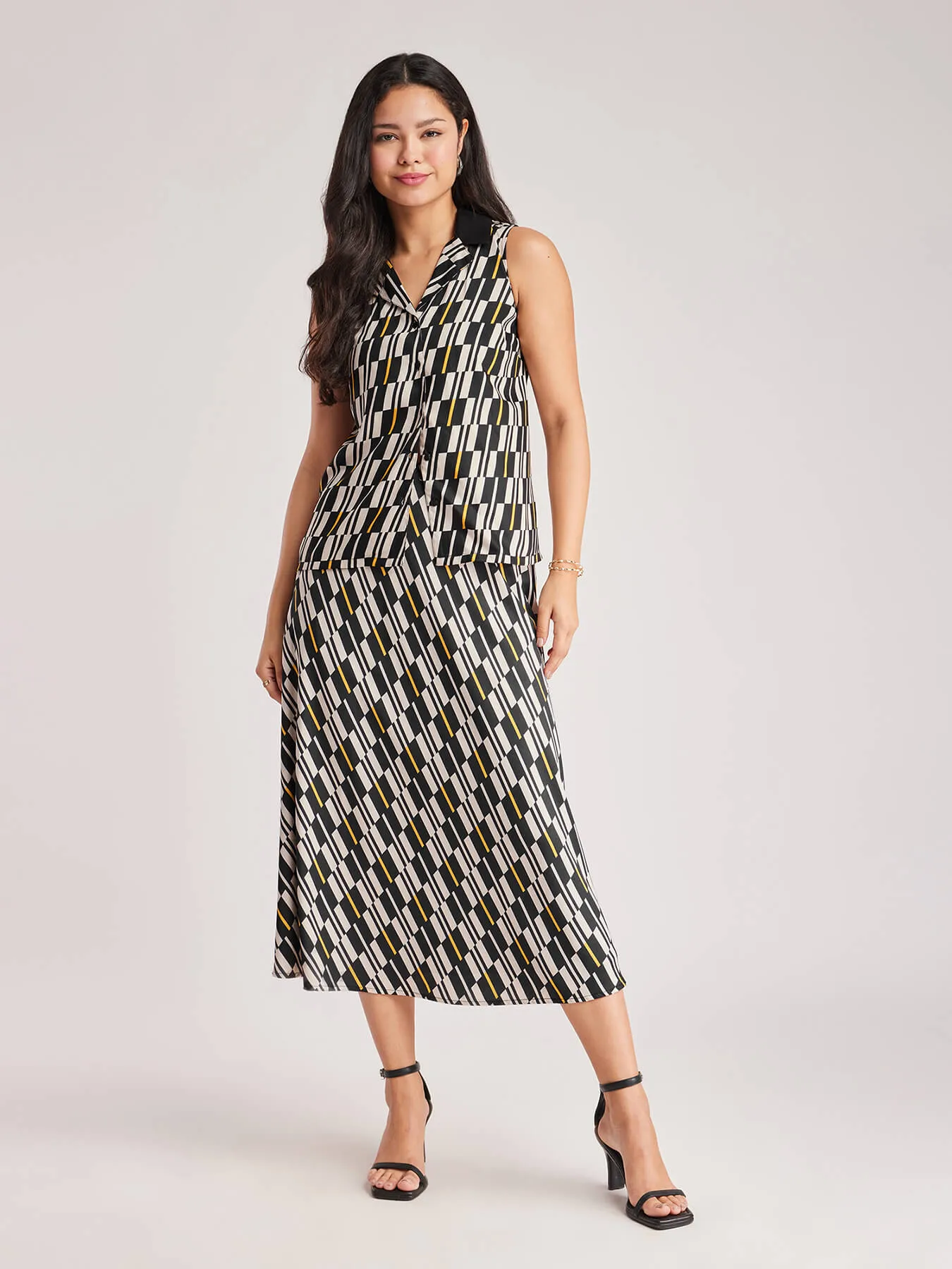 Geometric Print Top And Skirt Coord - Black And Off White