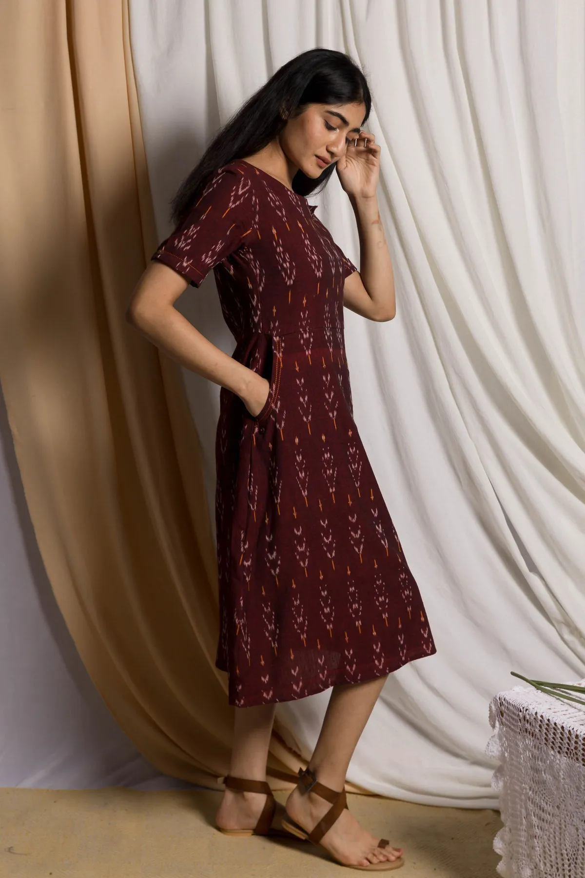 Giana Handloom Ikat Shift Dress - Maroon