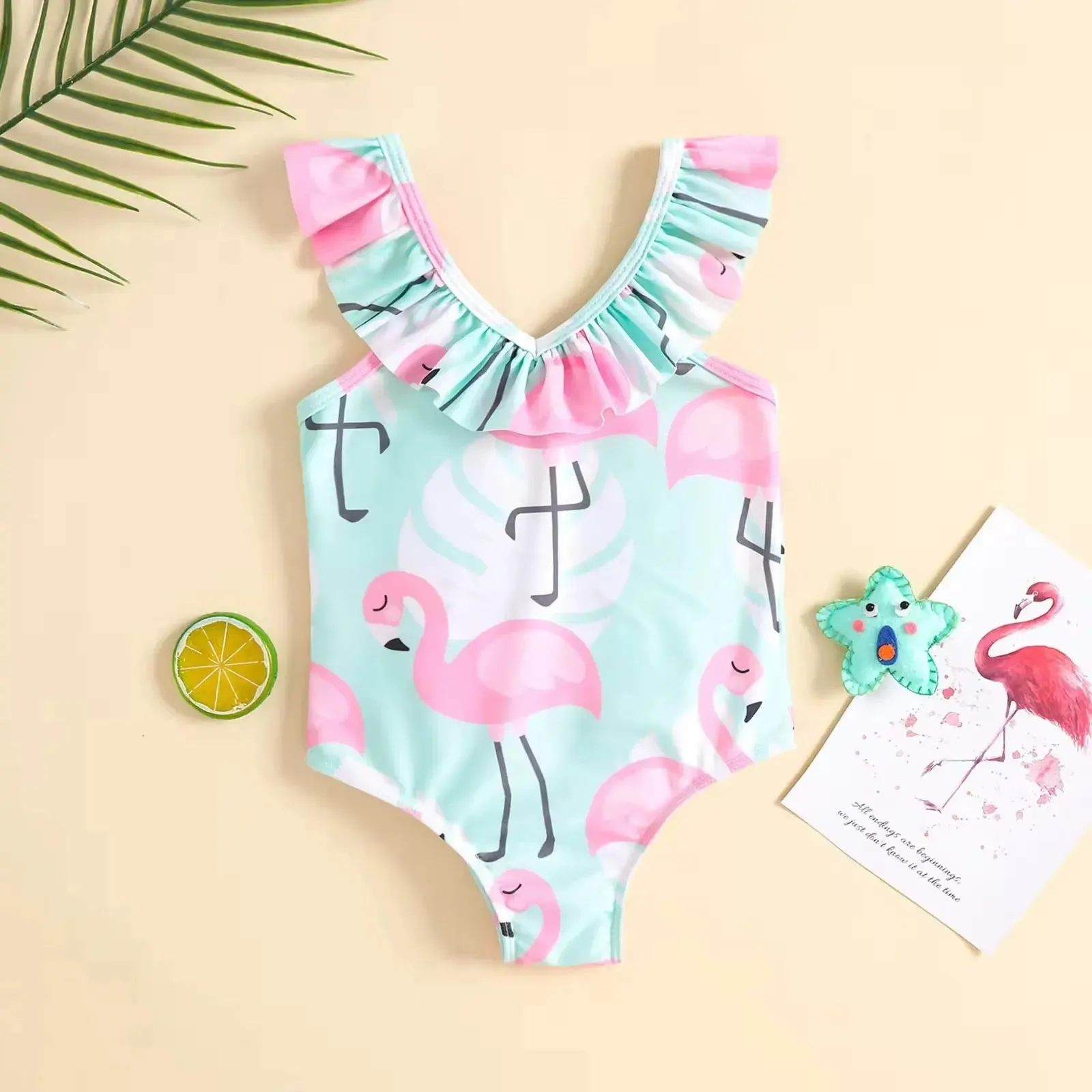 Girls Pink Printed Swimsuit