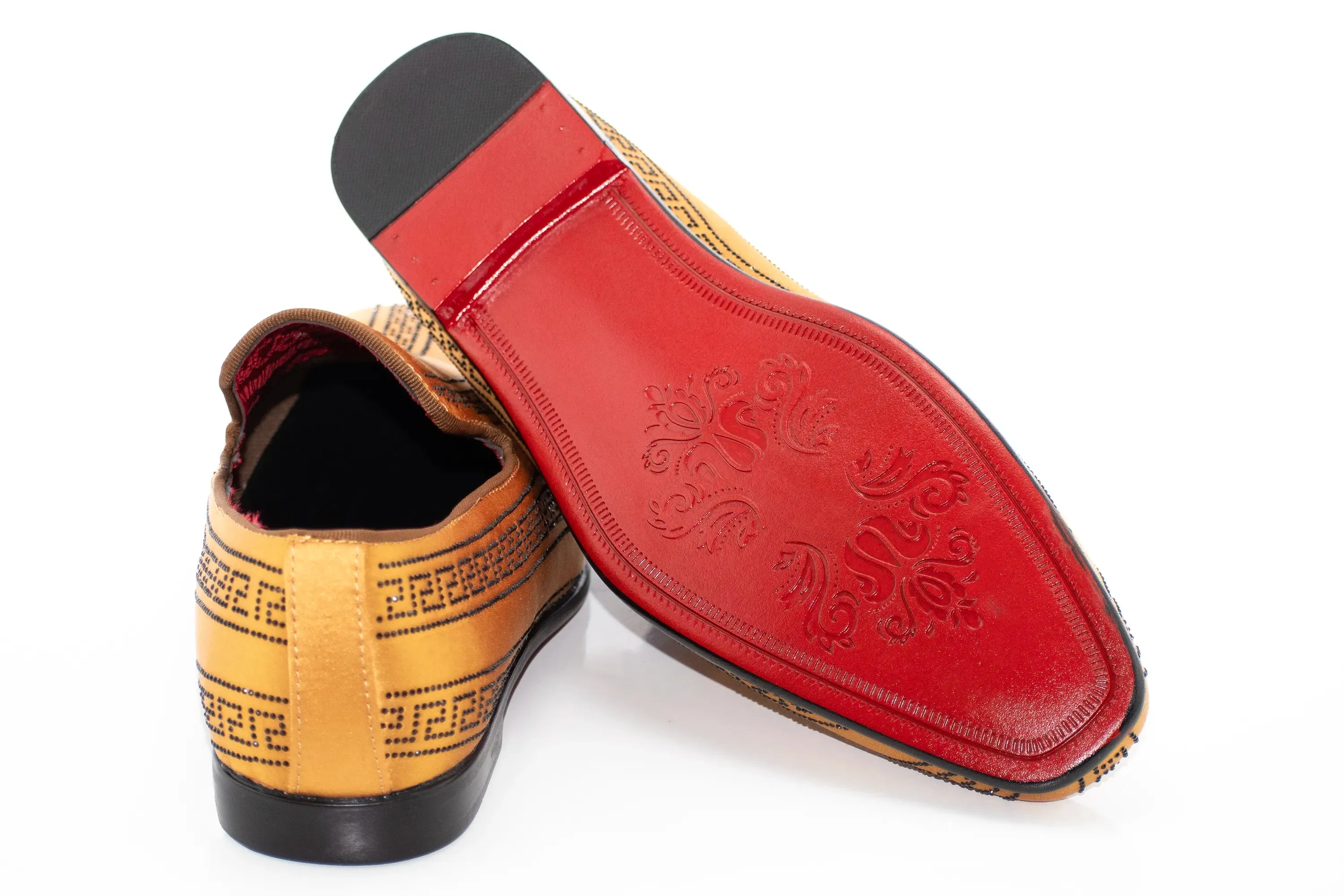 Gold with Black Meander Rhinestone Striping Dress Loafers
