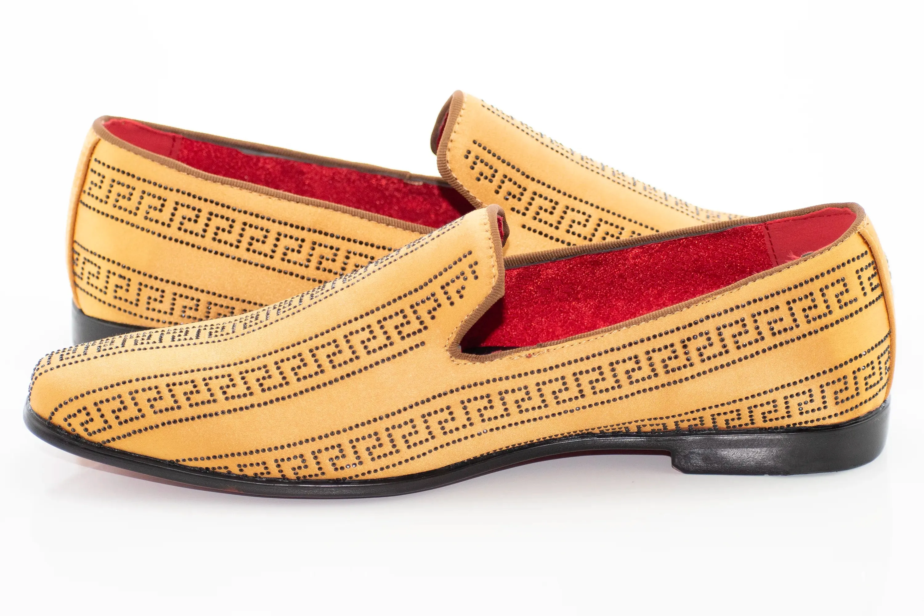 Gold with Black Meander Rhinestone Striping Dress Loafers