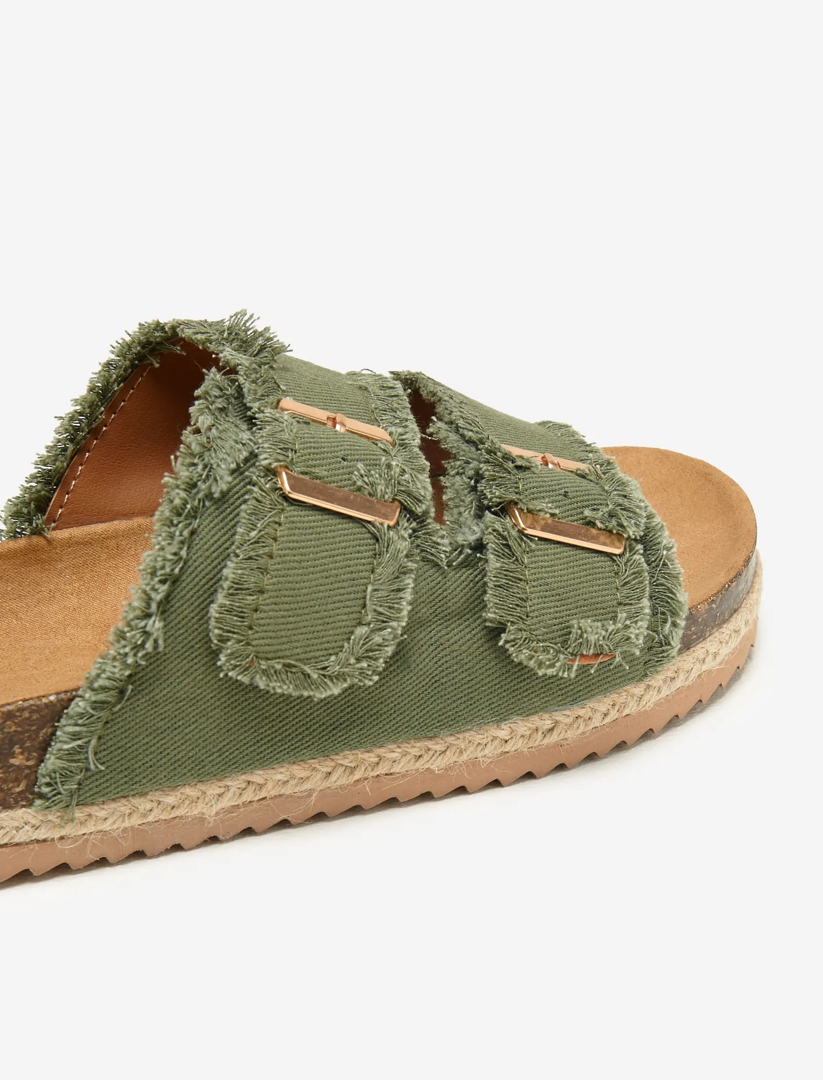 Khaki Fringed Double Buckle Denim Espadrilles