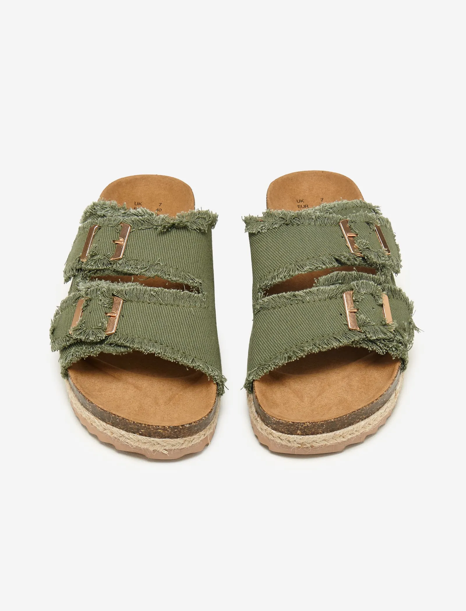 Khaki Fringed Double Buckle Denim Espadrilles