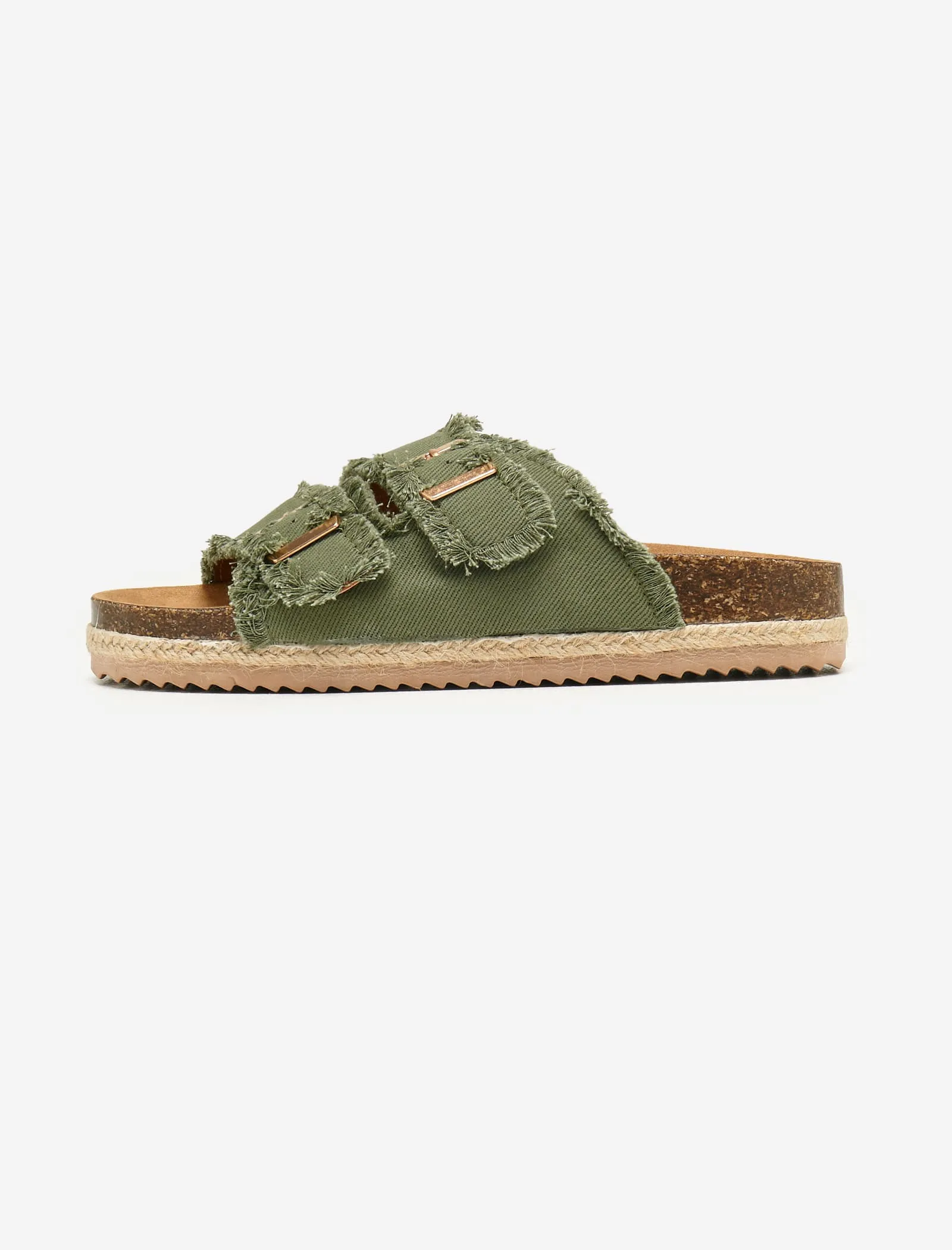 Khaki Fringed Double Buckle Denim Espadrilles