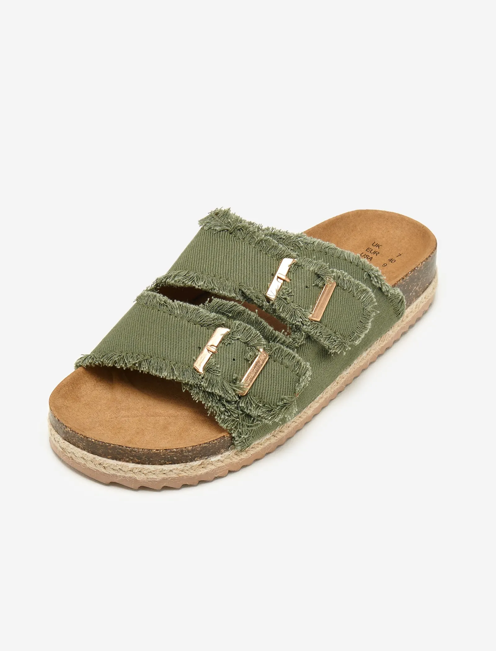 Khaki Fringed Double Buckle Denim Espadrilles