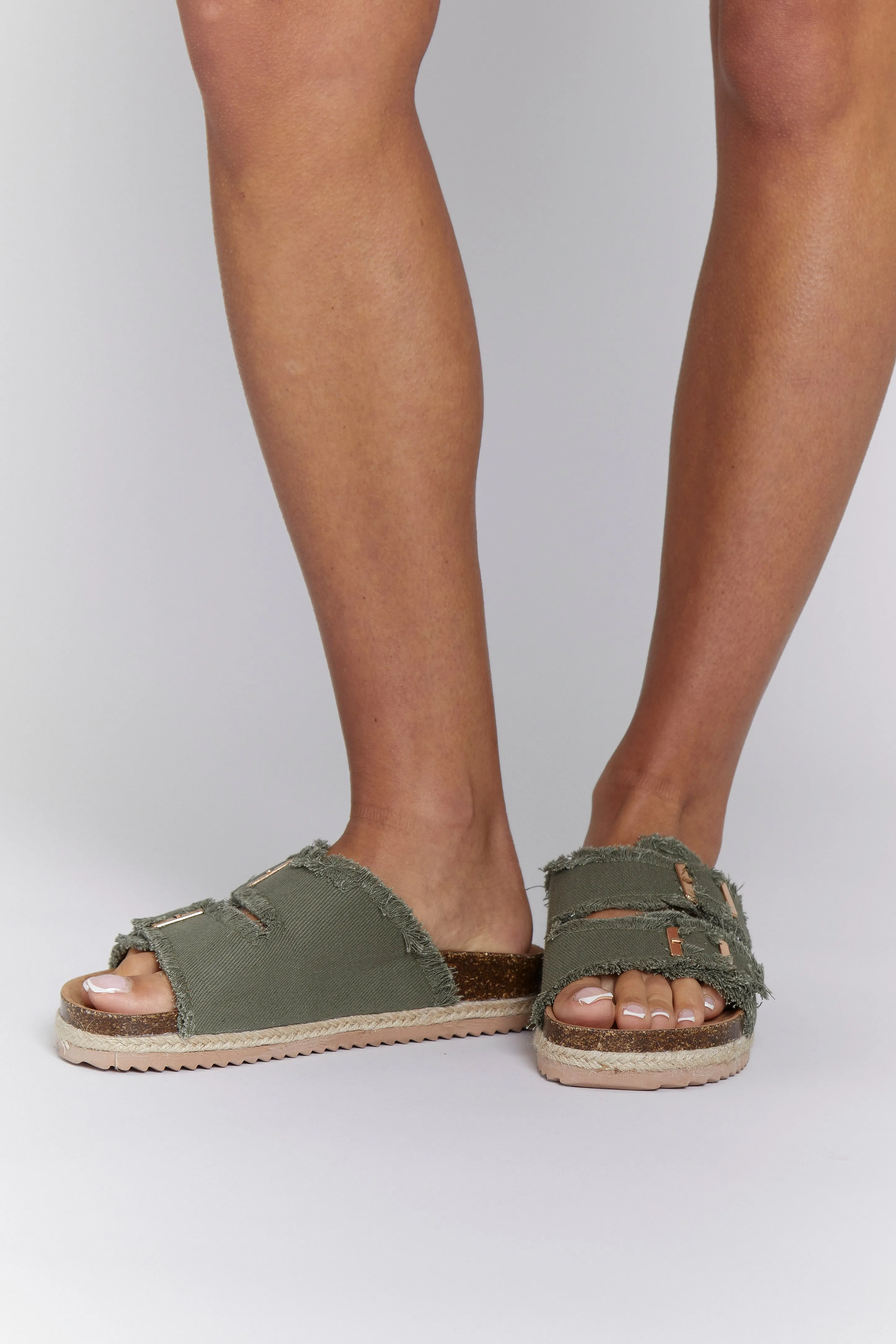 Khaki Fringed Double Buckle Denim Espadrilles