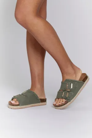 Khaki Fringed Double Buckle Denim Espadrilles