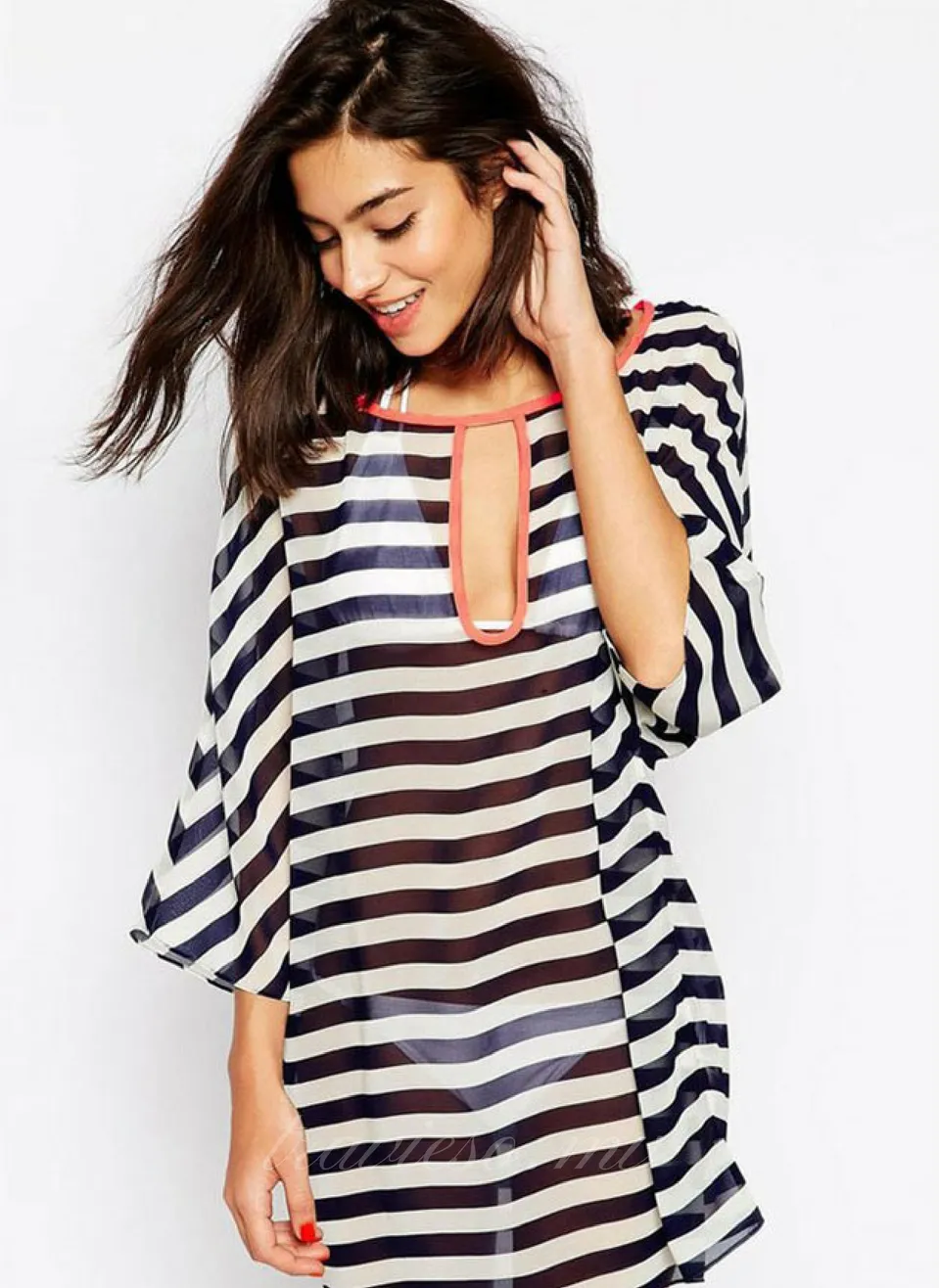 Kimono Sleeve Chiffon Striped Beachwear