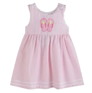 LC4786 - Lil Cactus Pink Seersucker Pom Pom Flipflops Dress