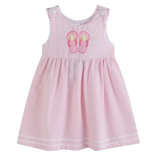 LC4786 - Lil Cactus Pink Seersucker Pom Pom Flipflops Dress