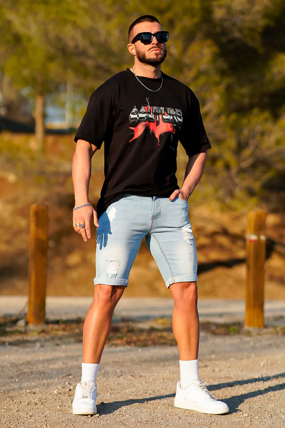 Men's Light Blue Ripped Short