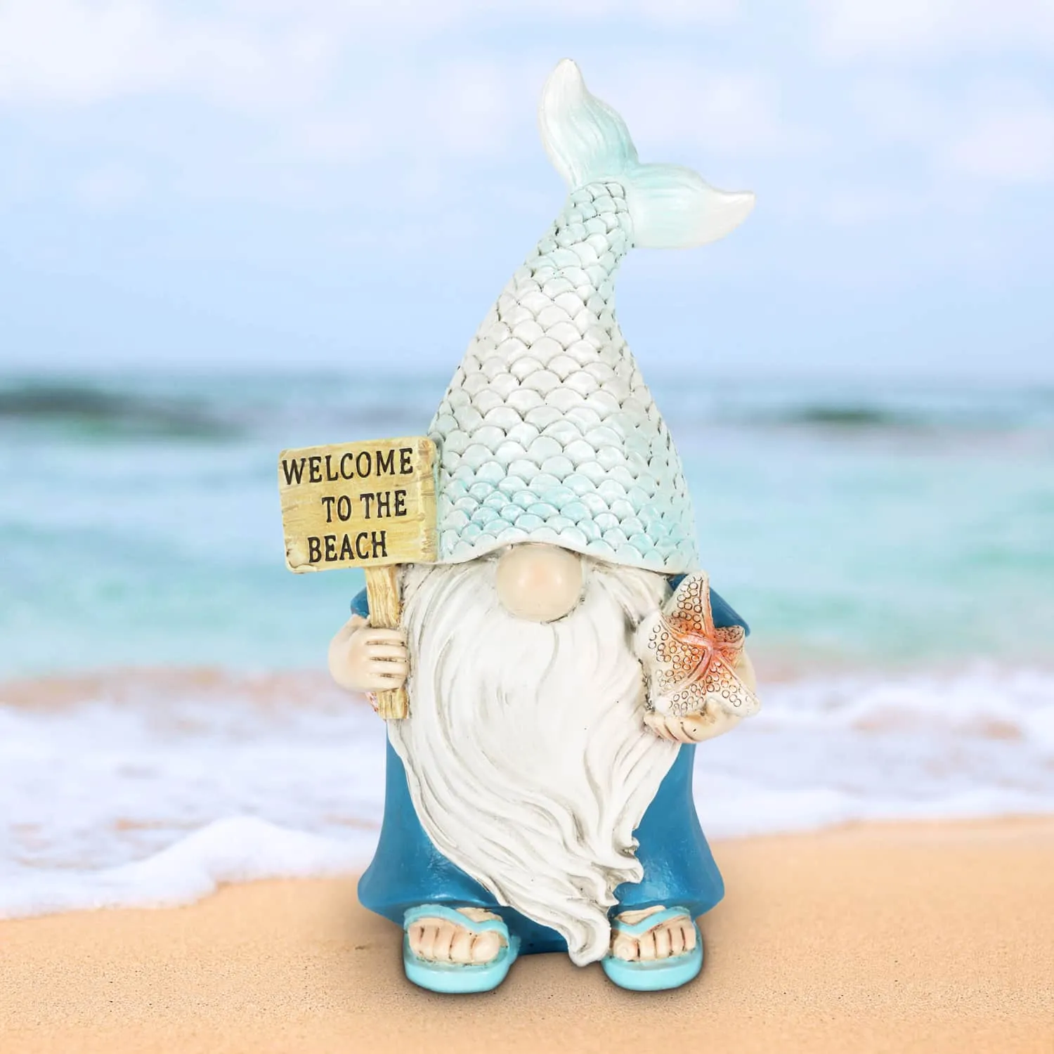 Mermaid Tail Hat Garden Gnome Statue with Welcome to the Beach Sign, 5 x 4 x 8.5 Inches