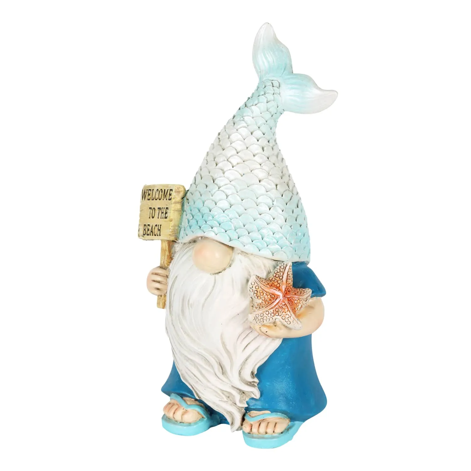 Mermaid Tail Hat Garden Gnome Statue with Welcome to the Beach Sign, 5 x 4 x 8.5 Inches