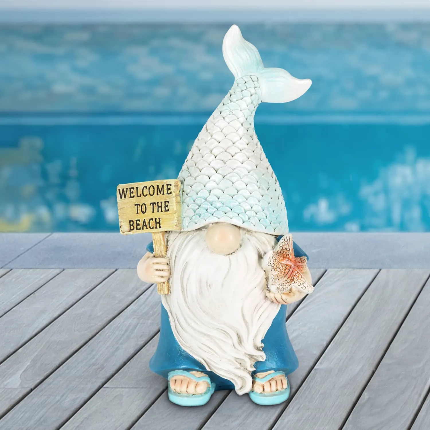 Mermaid Tail Hat Garden Gnome Statue with Welcome to the Beach Sign, 5 x 4 x 8.5 Inches